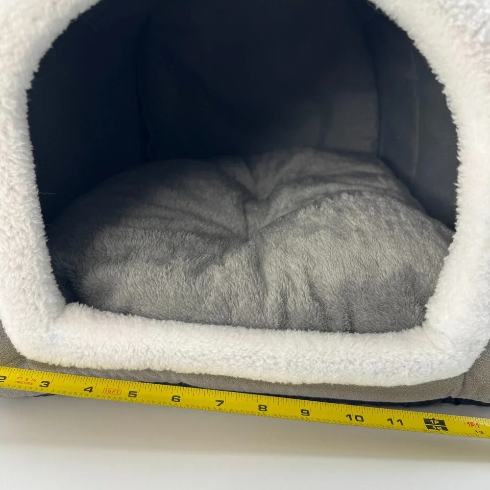 Gray Plush Tunnel Cat Bed with Removable Cushion